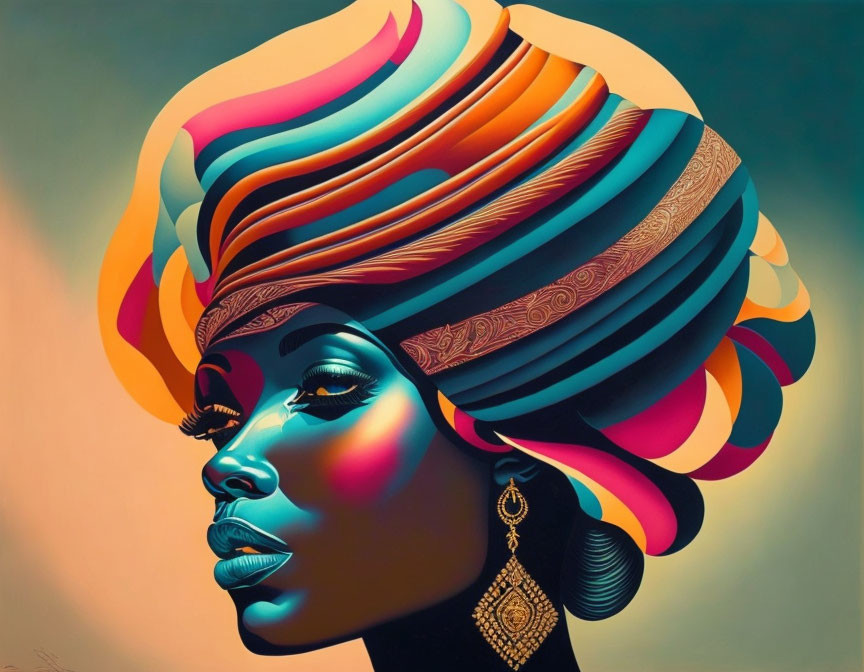 Vibrant portrait of woman with colorful headwrap and earrings