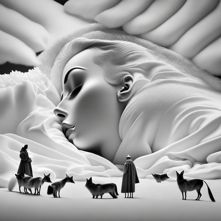 Surreal black-and-white digital art: giant woman's face in landscape with foxes and clo