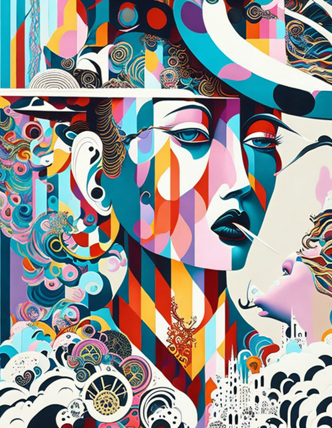 Vibrant Abstract Digital Artwork with Stylized Female Faces