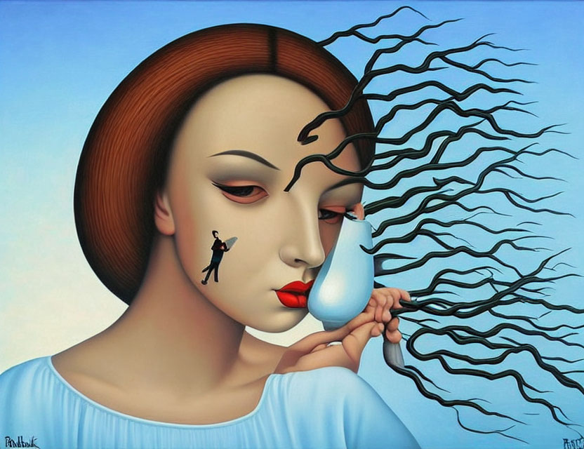 Surreal painting: woman with tear-shaped mask, small figure, tree-like hair branches, blue