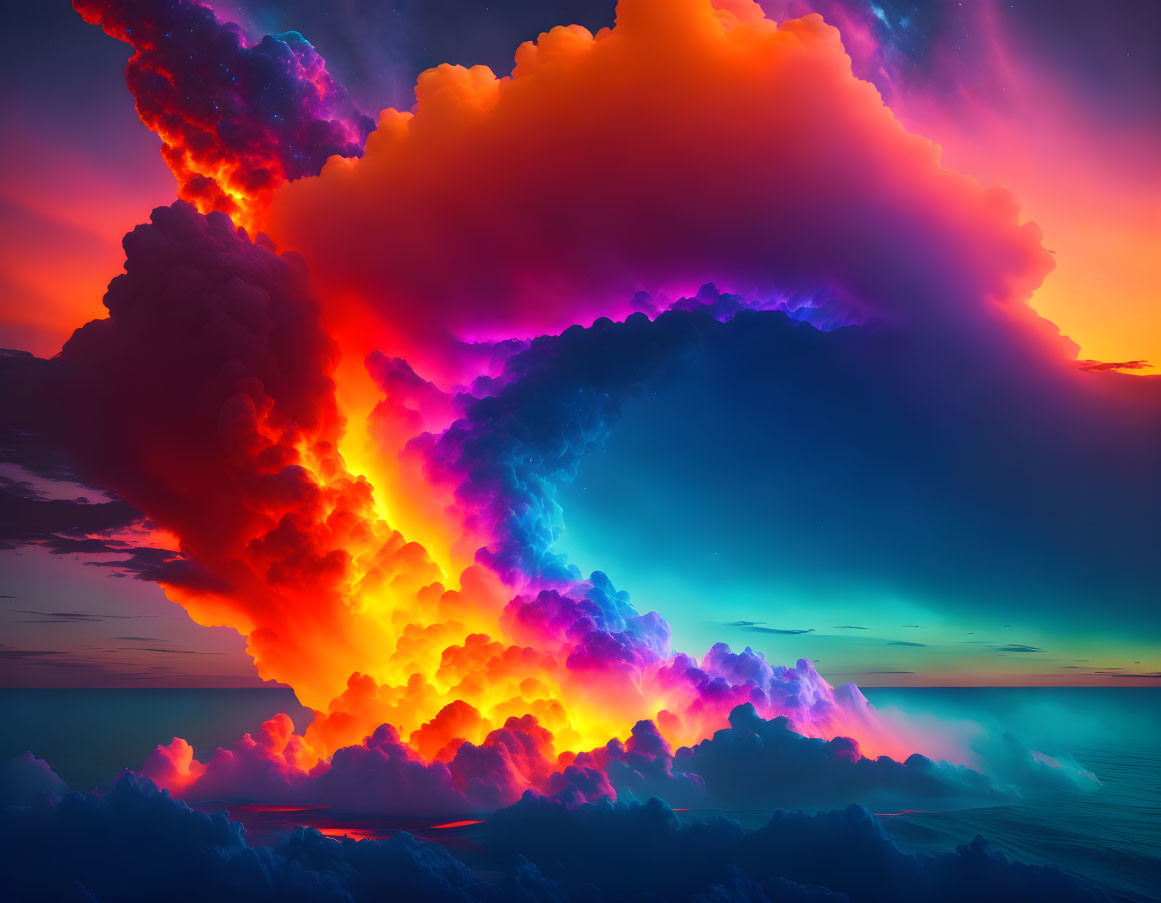 Colorful Cloudscape Over Tranquil Sea with Orange, Pink, Purple, and Blue Hues