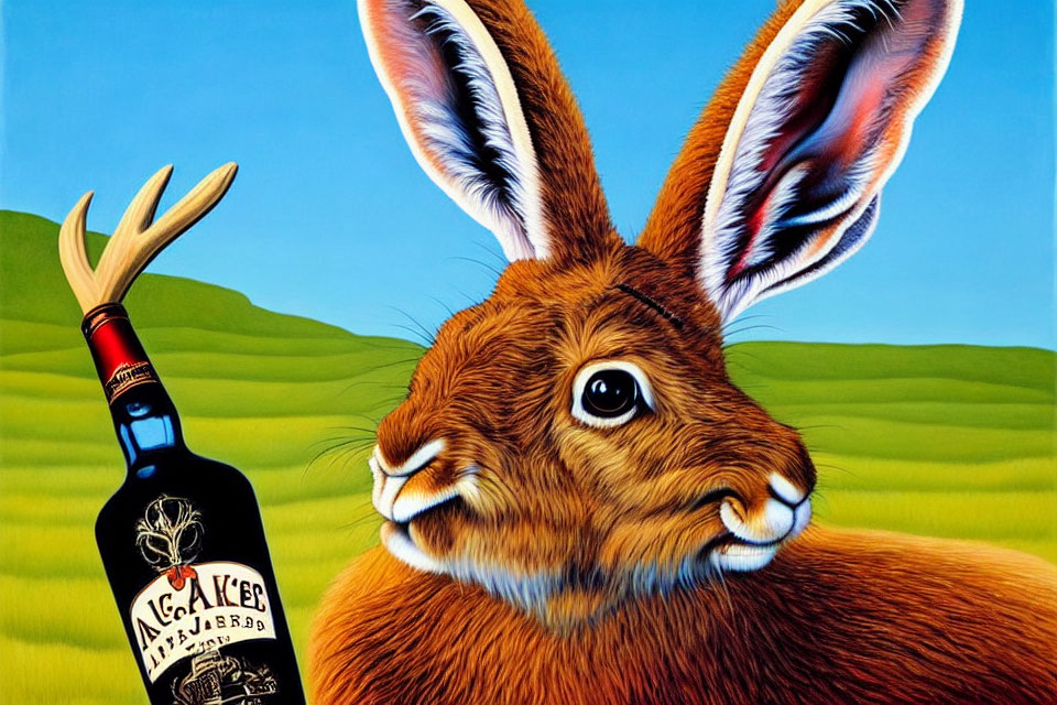 Surreal illustration: large brown rabbit with liquor bottle and red gardening fork on grass field