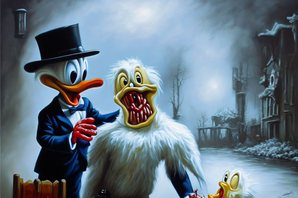 Surreal painting featuring Scrooge McDuck and Donald Duck in a dark street