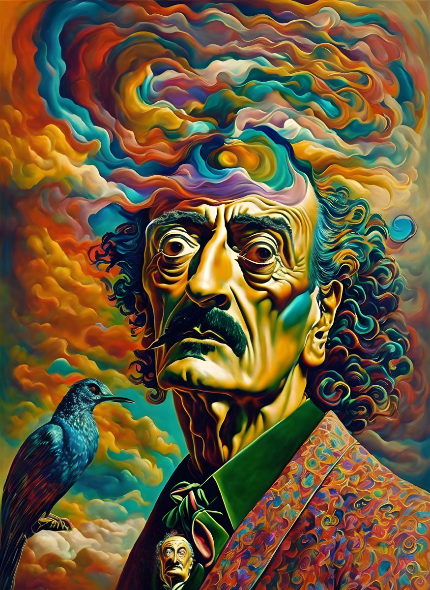 Colorful surreal portrait with stern-faced figure and swirling patterns.
