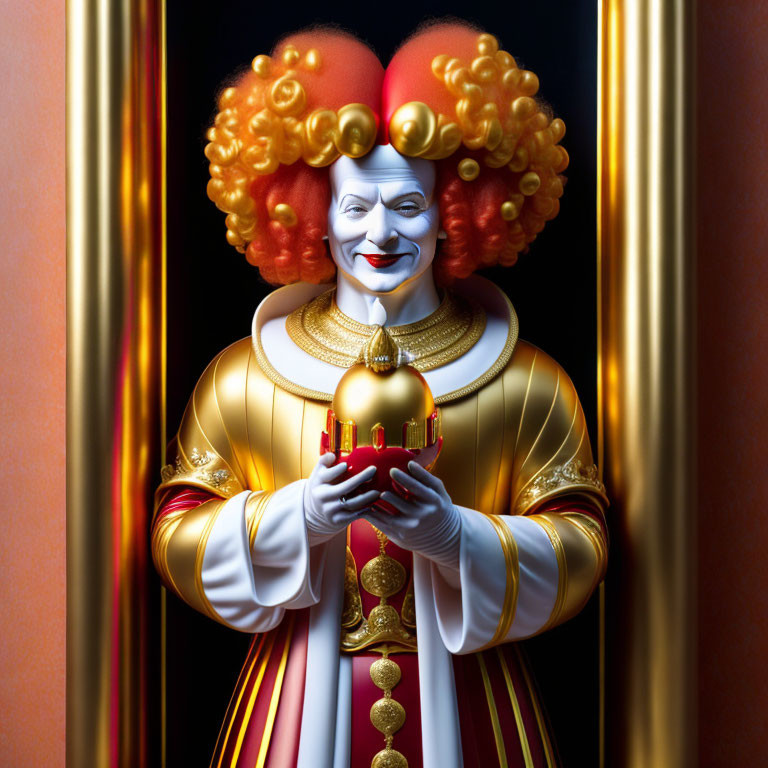 Malevolent clown in royal attire with orb behind velvet curtains