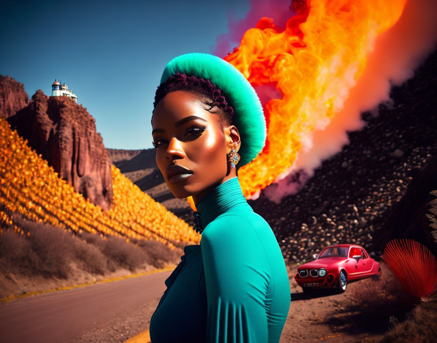 Colorful makeup and hairstyle woman poses with erupting volcano, red car, and vibrant road.