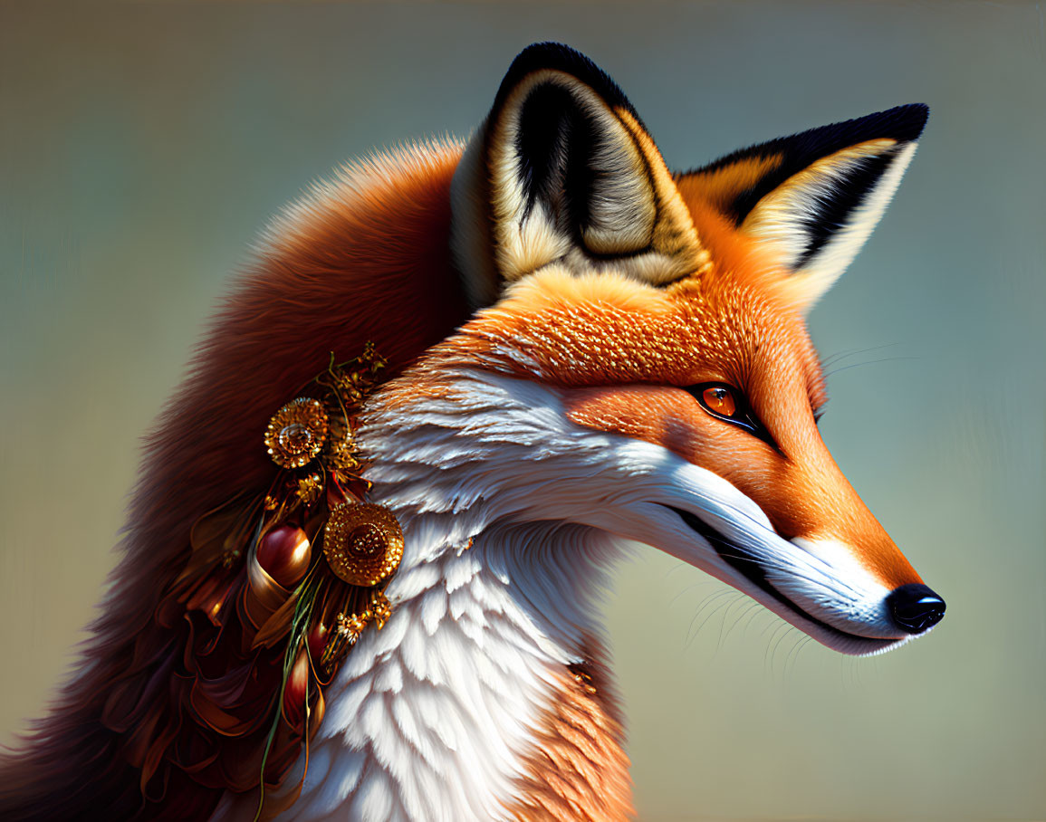 Realistic red fox illustration with vibrant orange fur and golden floral jewelry