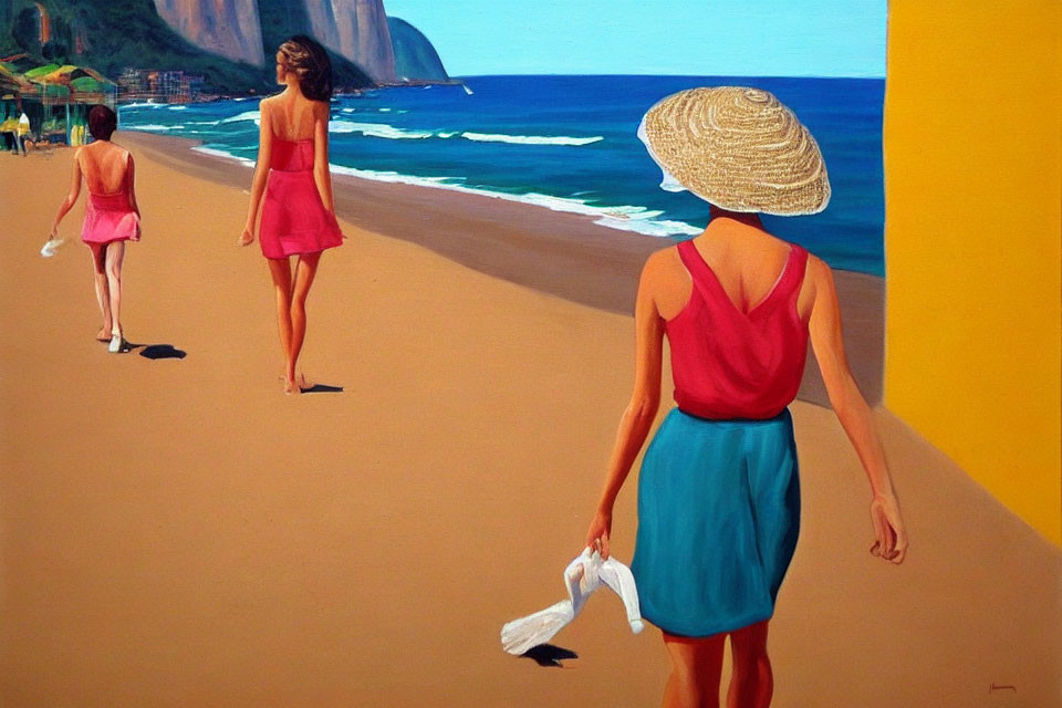 Three women walking on sunny beach with mountains in distance, dressed in summer clothes