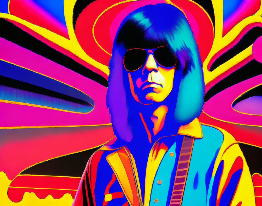 Colorful Pop Art Style Portrait with Sunglasses on Psychedelic Background