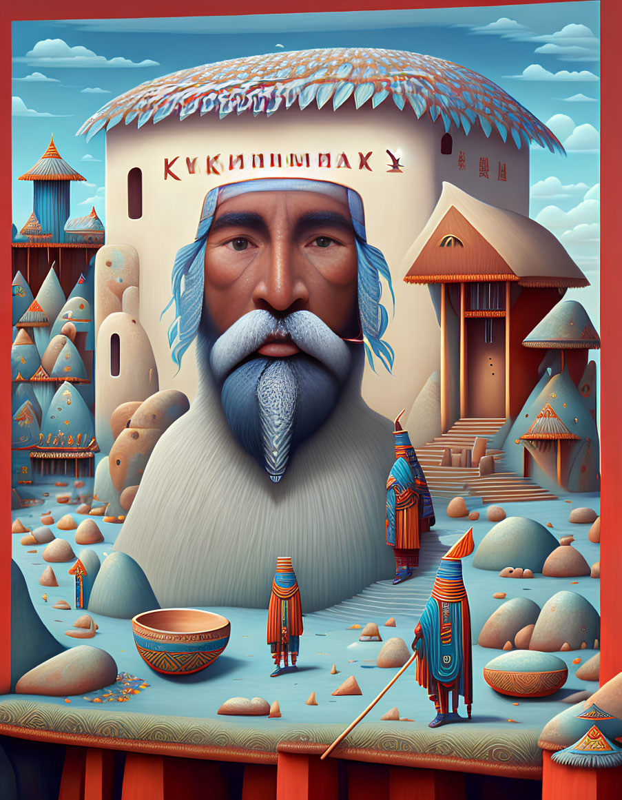 Vibrant surreal illustration: male face, fantasy landscape, ornate figures, and bowl.