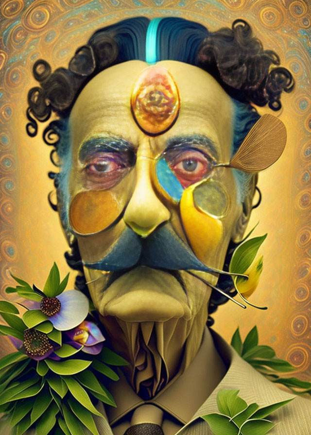 Male figure with surreal Salvador Dali-like features and colorful eyepieces