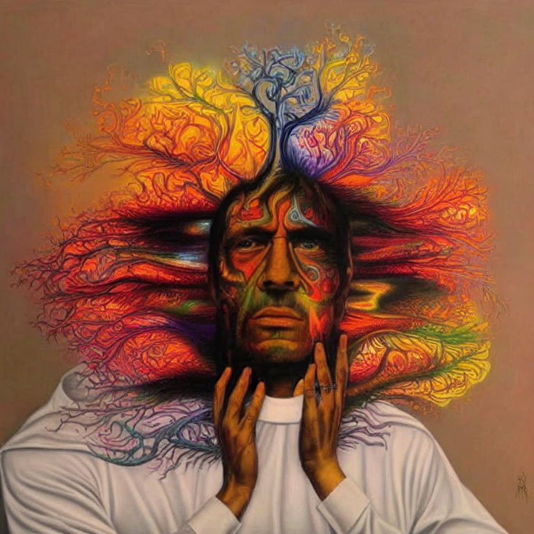 Vivid tree-like brain imagery above person's head with colorful branches and roots.