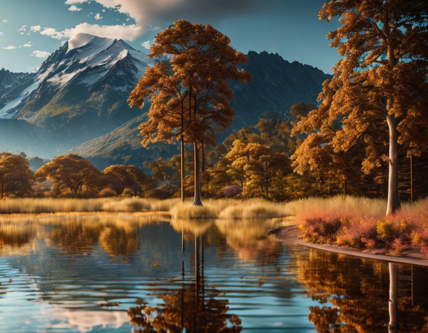 Autumn trees and mountains mirrored in serene lake scenery.