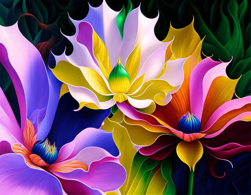 Colorful Stylized Flowers in Whimsical Digital Art