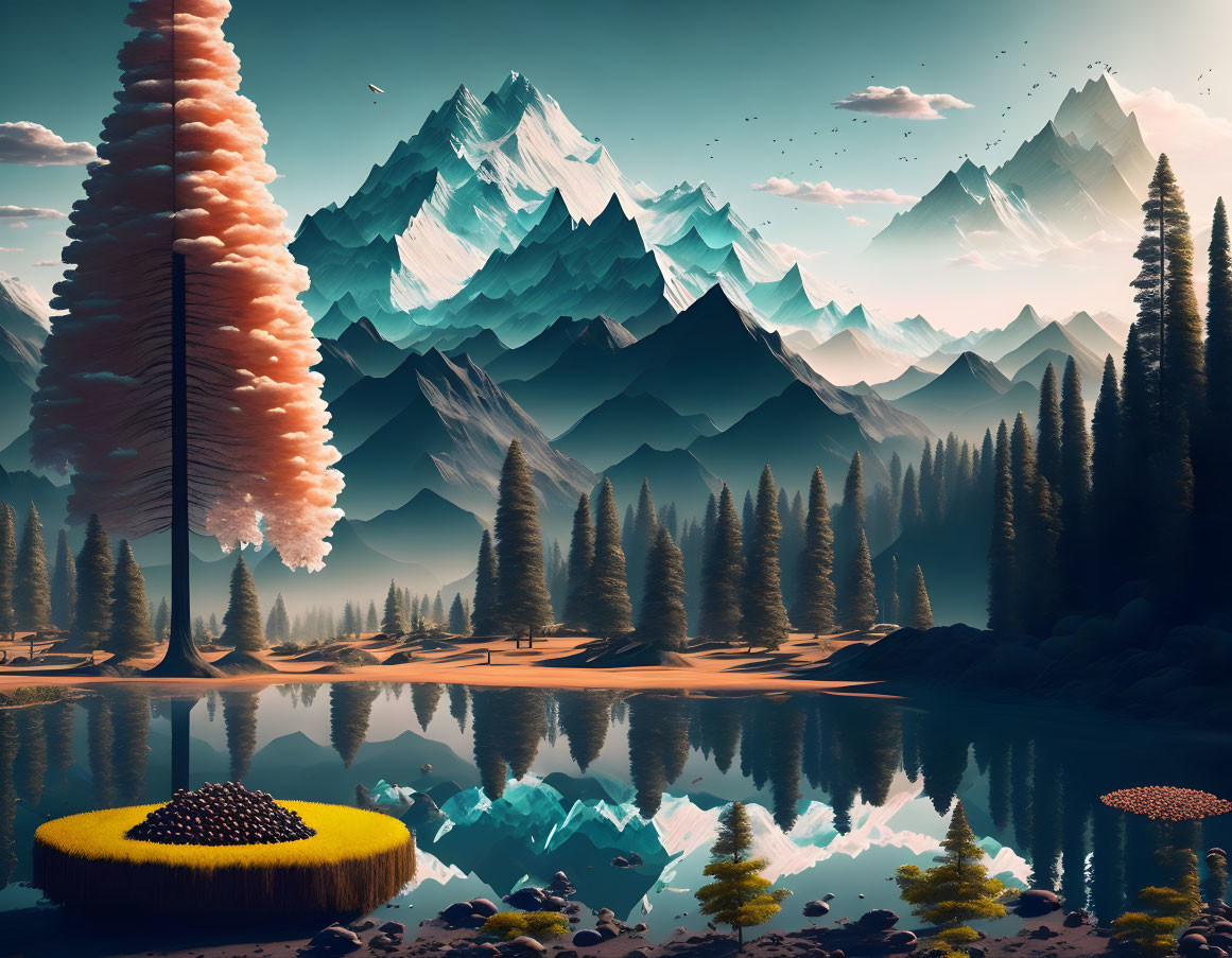 Surreal landscape with reflective lake, mountains, trees, mushrooms, pink tree, and flying birds