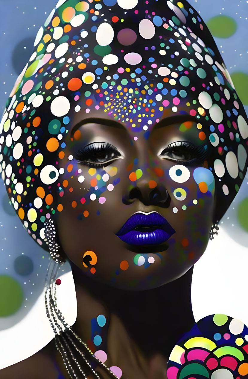 Vibrant polka dot woman with blue lips and silver earrings