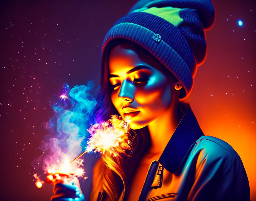 Woman in Beanie Holding Sparkler Under Neon Lights