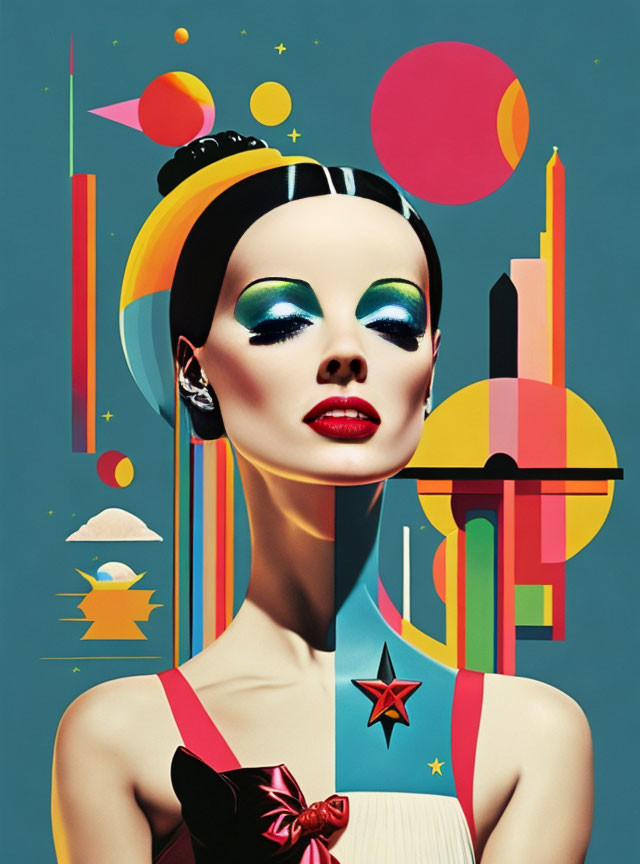 Geometric retro-futuristic portrait of a woman with bold makeup and sleek updo.