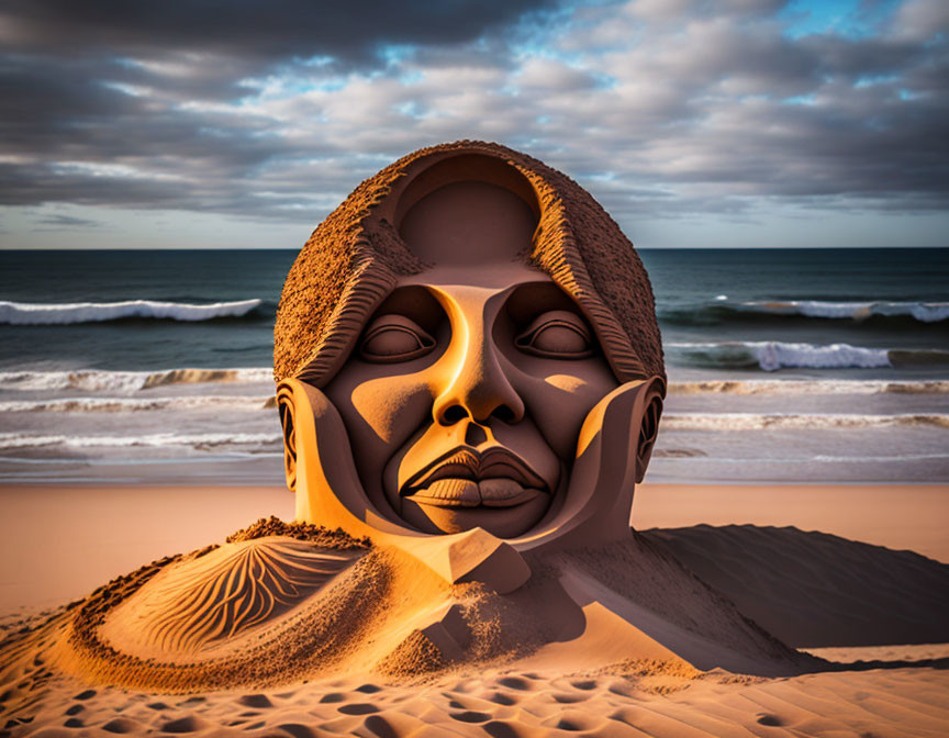 Fragmented Human Face Sculpture Emerges from Sand