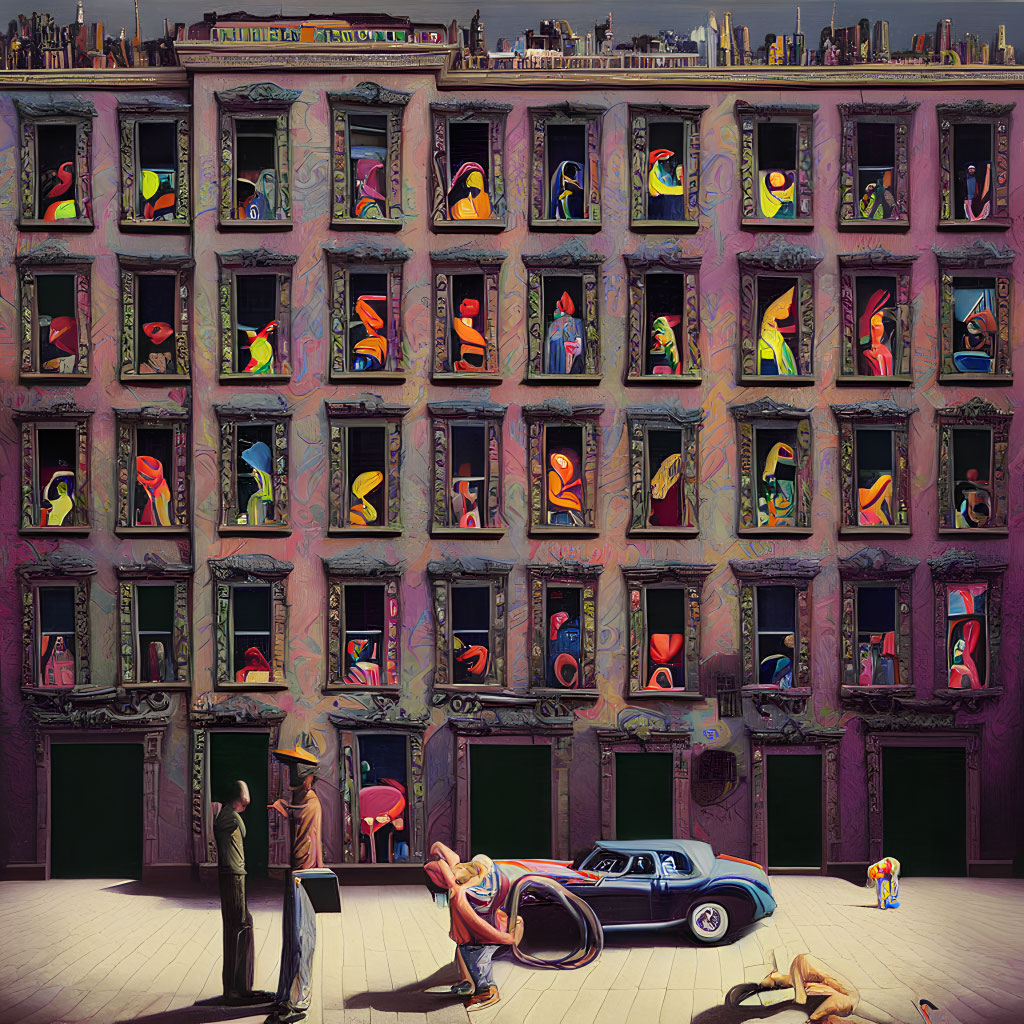 Surreal image featuring distorted figures, classic car, and elongated people in city street
