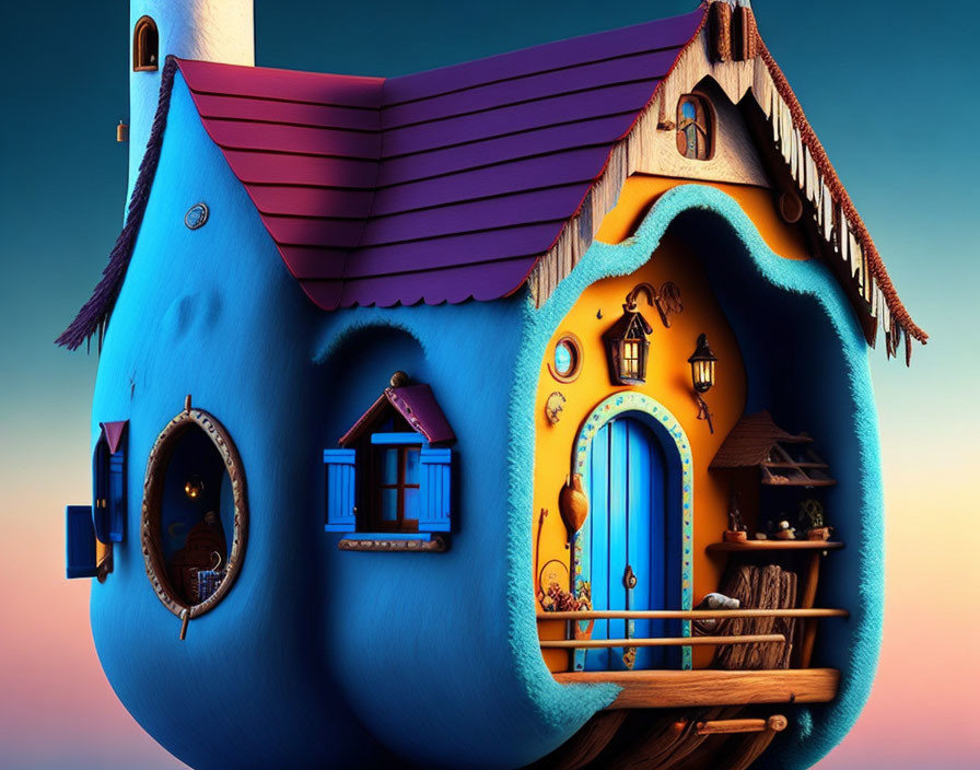 Colorful Whimsical House with Round Blue Structure and Purple Roof