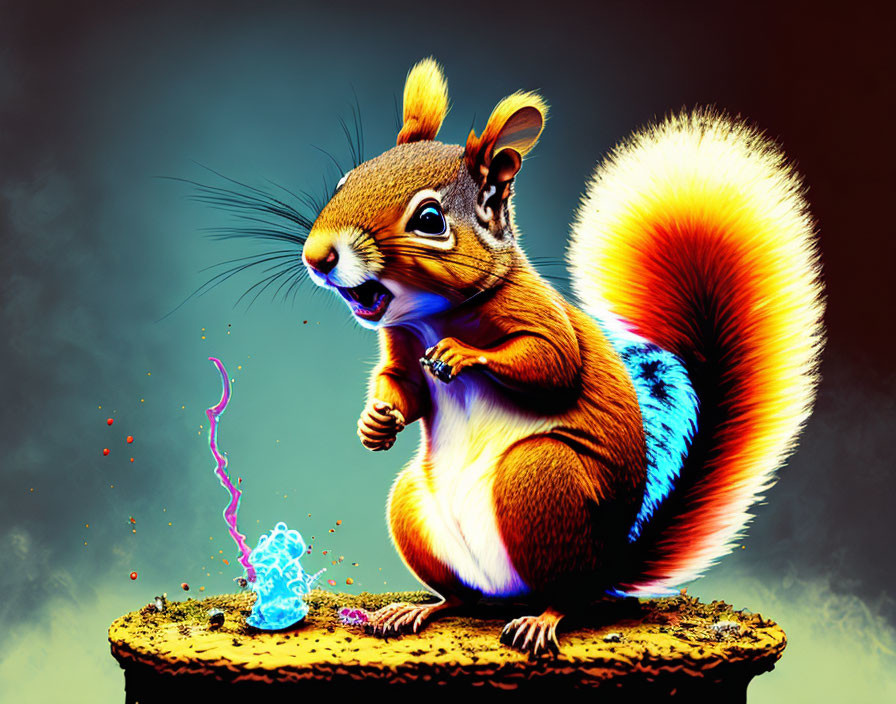 Colorful Illustration of Squirrel with Bushy Tail and Potion