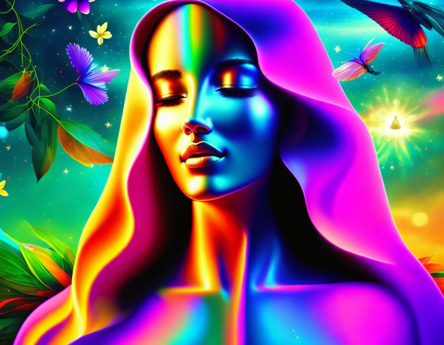 Colorful digital artwork featuring a woman with vibrant lighting on her face, set in a neon-lit