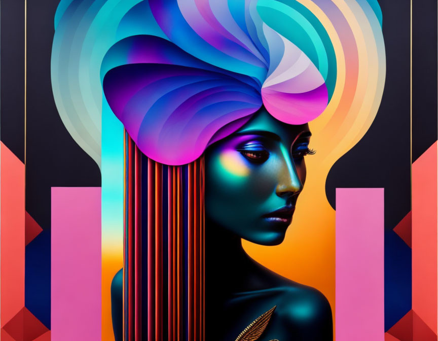 Colorful digital artwork of a stylized woman with flowing hair and geometric background