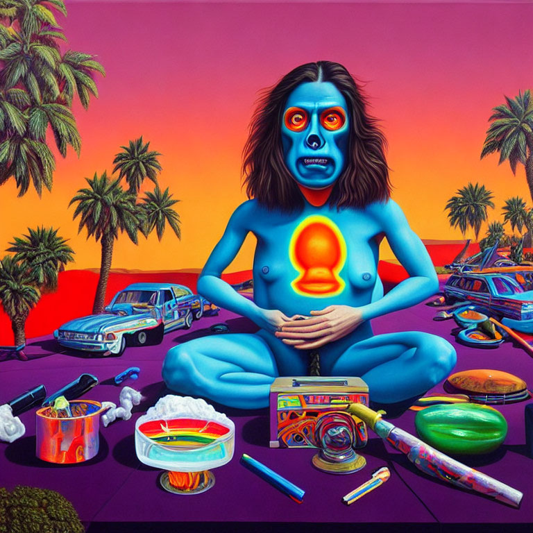 Blue-skinned person meditating in surreal tropical scene
