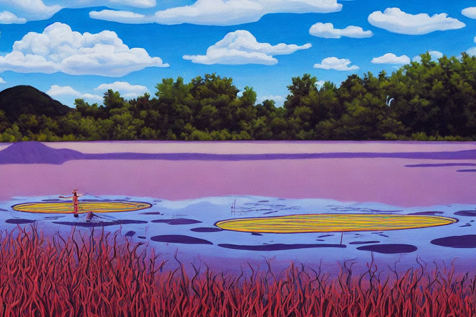 Colorful painting of person on lily pad in purple pond with pink reeds.