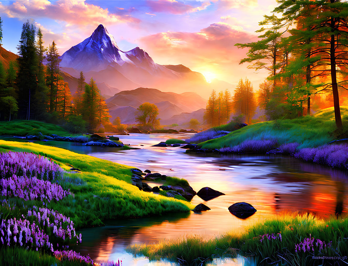 Scenic sunset over mountain landscape with river, trees, and wildflowers