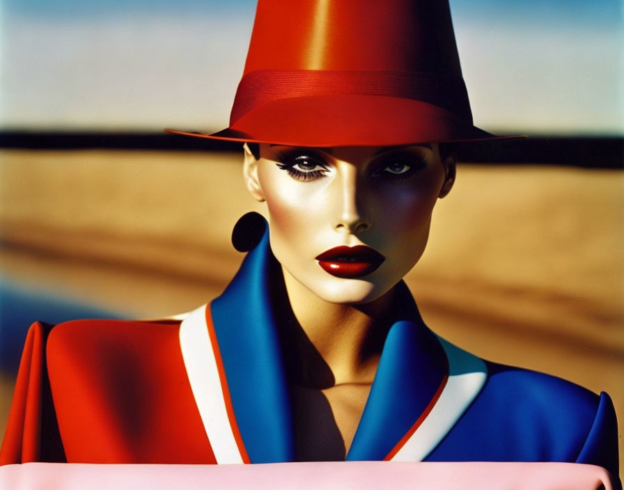 Model in Bold Makeup with Red Hat and Desert Background