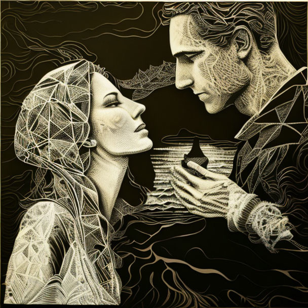 Monochrome artistic illustration of man and woman holding hands on patterned backdrop