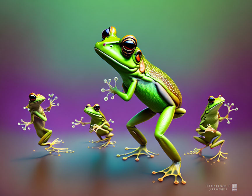 Vibrant stylized illustration of five colorful frogs, one standing upright.