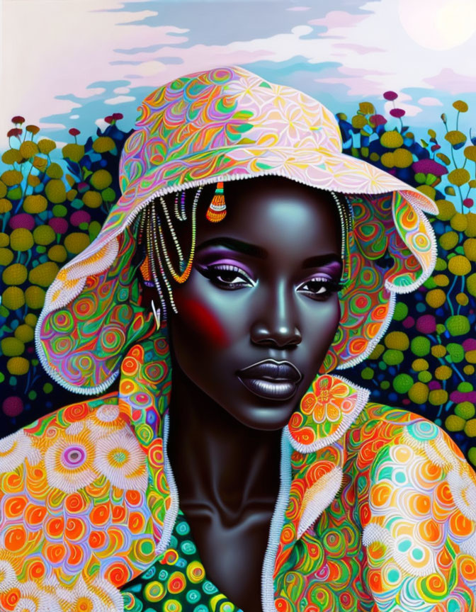 Colorful Portrait of Woman in Striking Makeup and Patterned Outfit