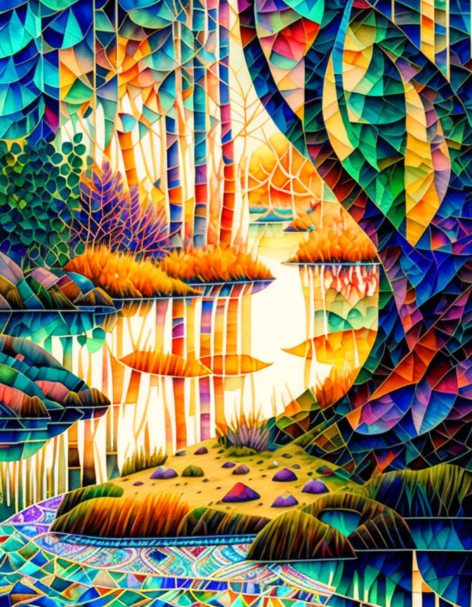 Colorful kaleidoscopic forest digital artwork: multicolored trees, leaves, patterned landscapes