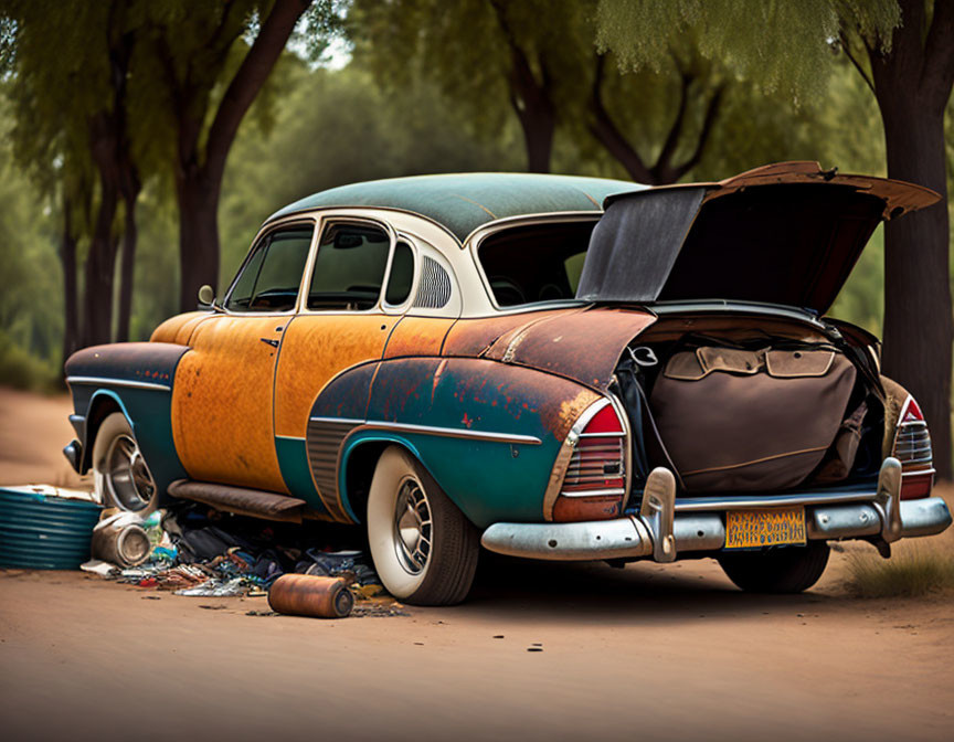 Classic Car with Open Trunk on Dusty Road Surrounded by Tools and Parts