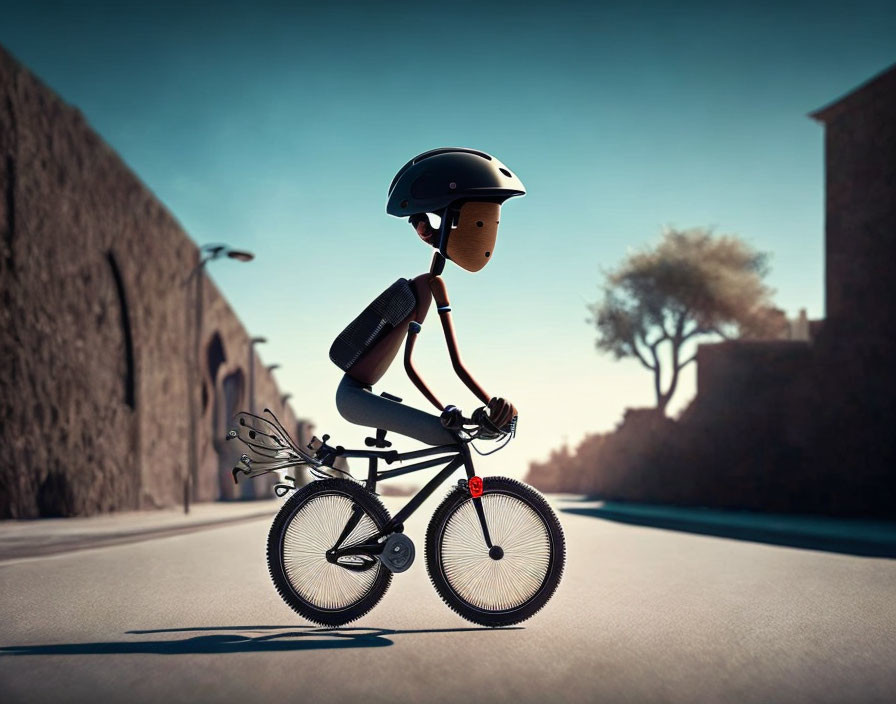 Stylized animated character with oversized helmet rides bicycle in deserted street