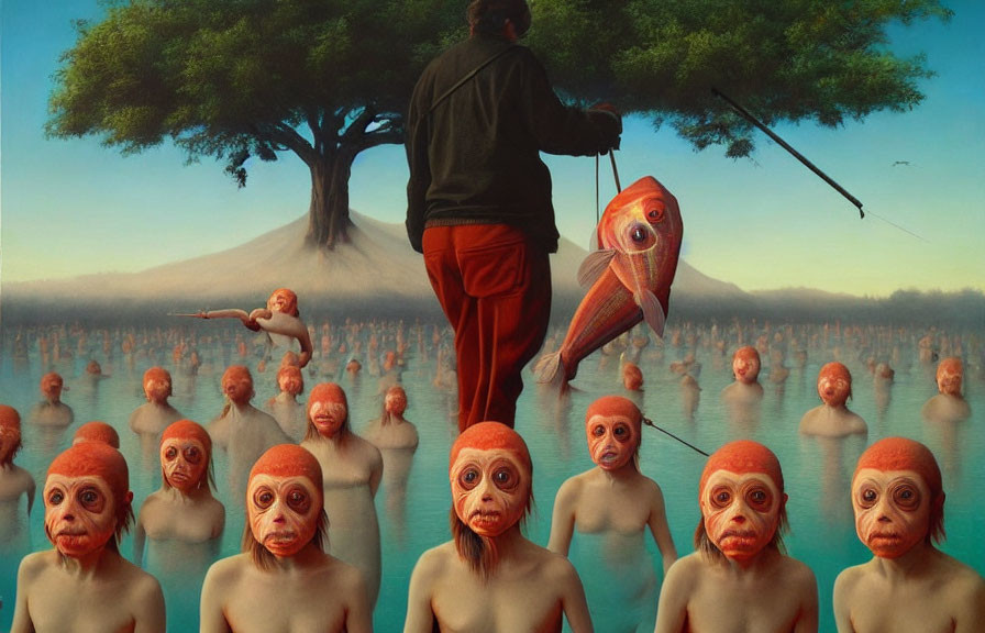 Person fishing giant fish under tree with surreal monkey-like figures and volcano in background