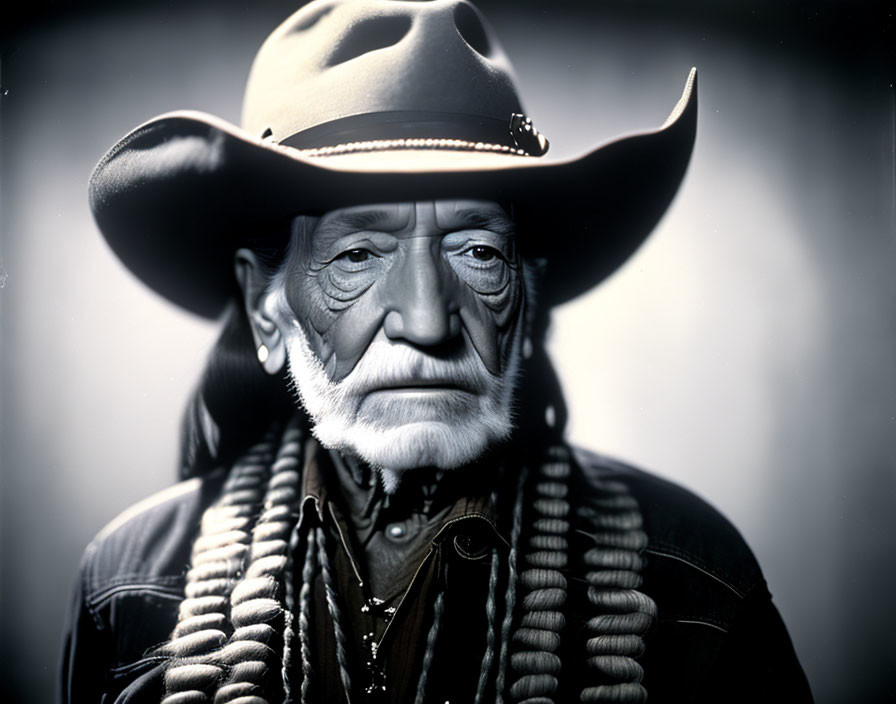 Elderly man in cowboy hat and bandana with braids gazes at camera