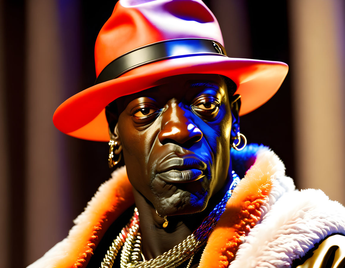 Person in Red Hat with Gold Jewelry and Colorful Fur Coat Staring at Camera