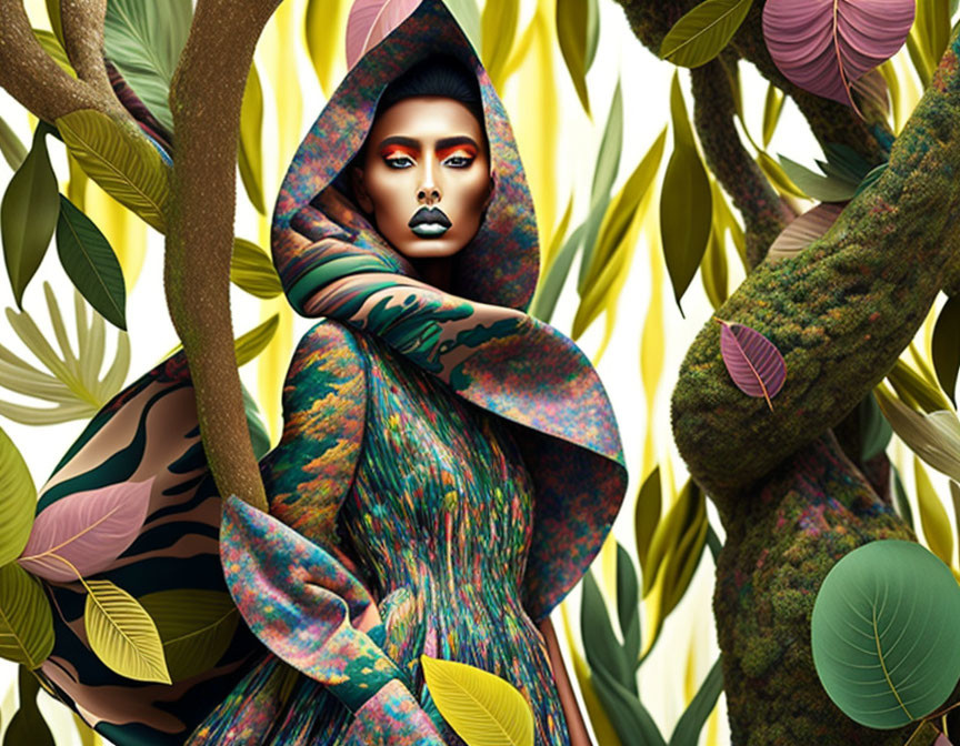 Digital artwork: Woman with makeup and colorful cloak in vibrant jungle landscape