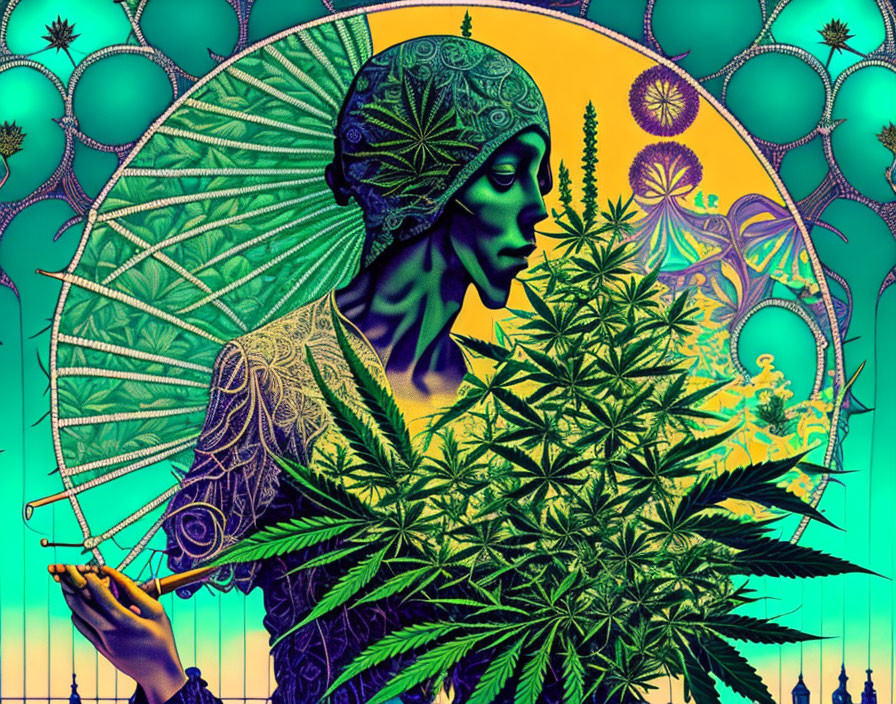 Digital artwork of woman with headpiece holding cannabis plant against celestial backdrop