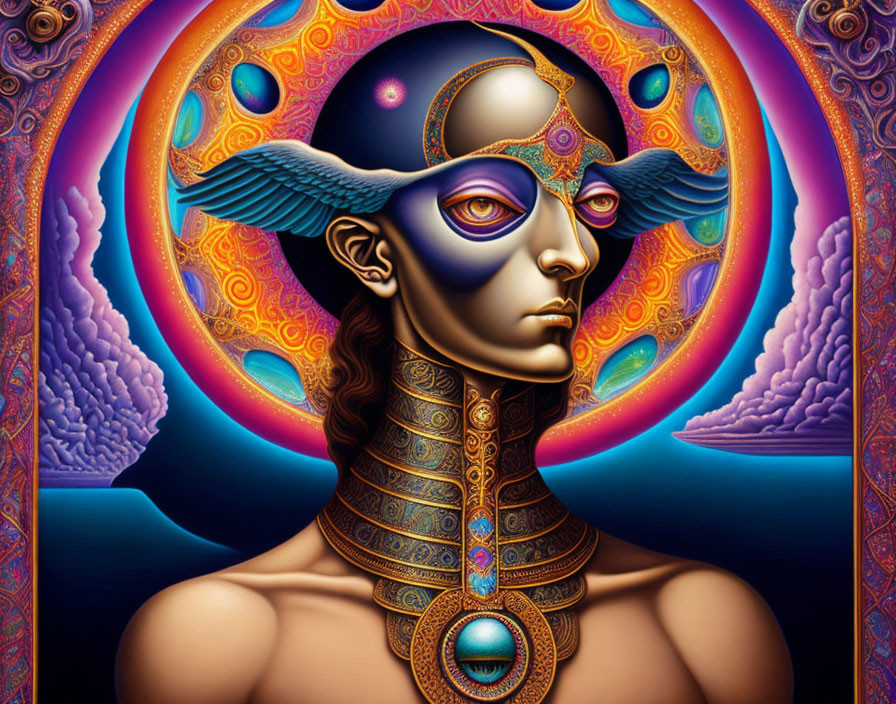 Colorful Psychedelic Humanoid Figure with Cosmic Background and Ornate Headpiece