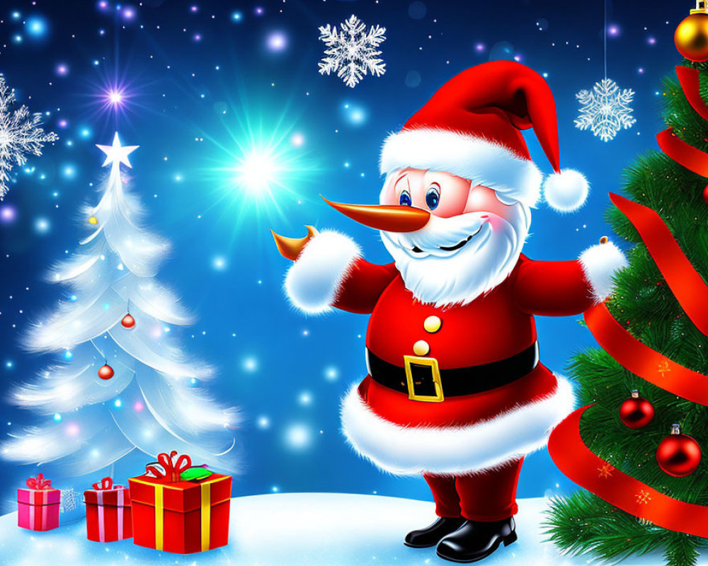 Festive Santa Claus illustration with Christmas tree and presents