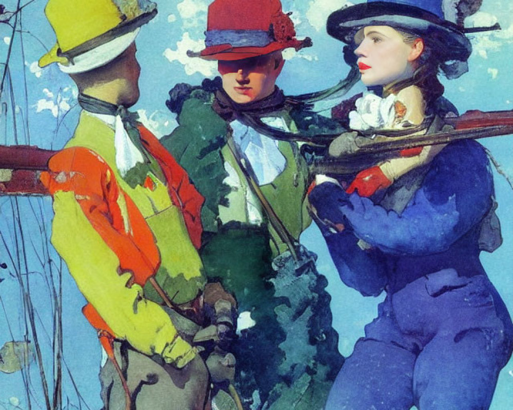 Three individuals in vintage hunting attire with rifles against blue sky and leafless branches