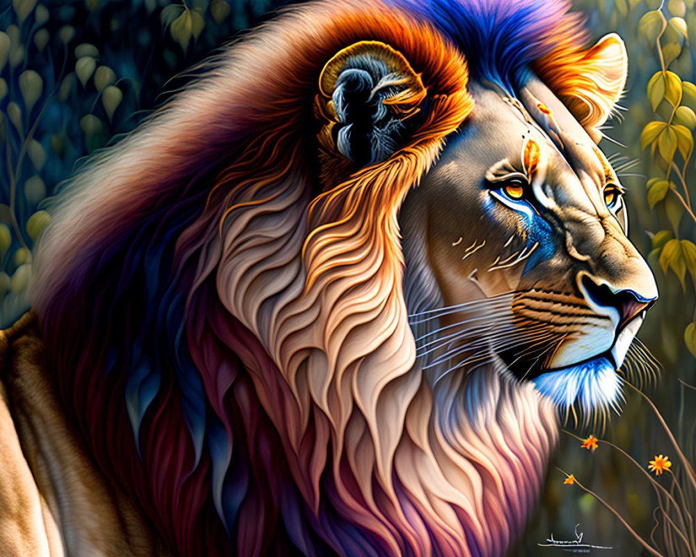 Vivid Lion Digital Art with Colorful Mane and Intricate Patterns