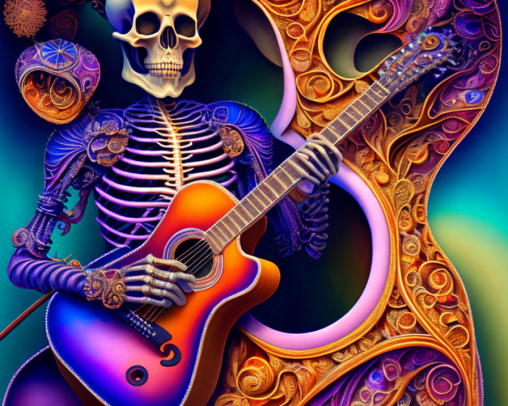 Colorful Skeleton Playing Acoustic Guitar in Surreal Illustration