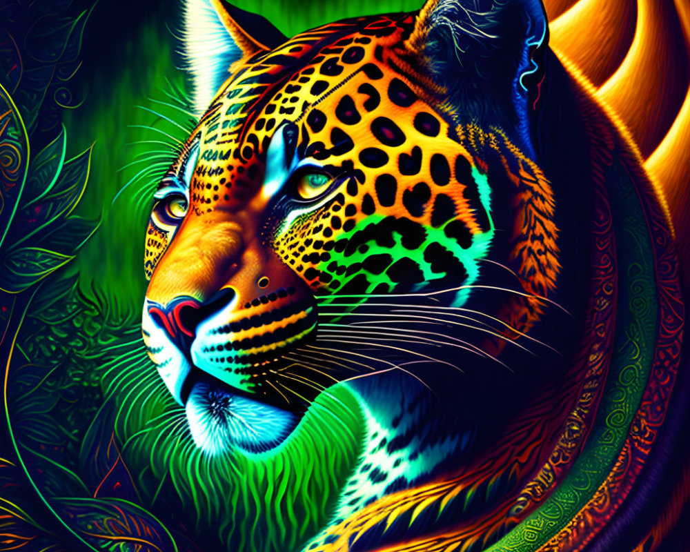 Colorful digital artwork: Jaguar in neon greens, blues, and oranges