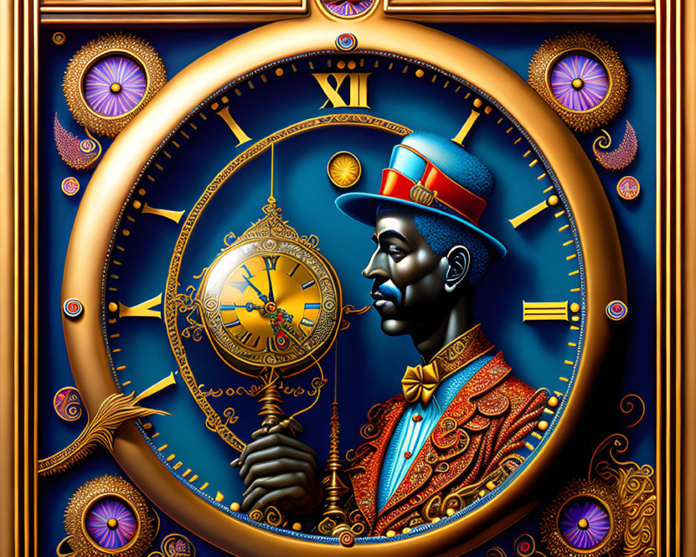 Stylish individual with pocket watch in clock-themed border.